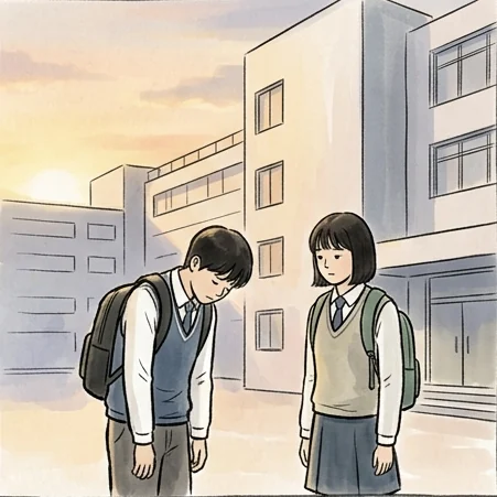 학원 앞에서 어깨가 처진 친구 옆에 선 학생