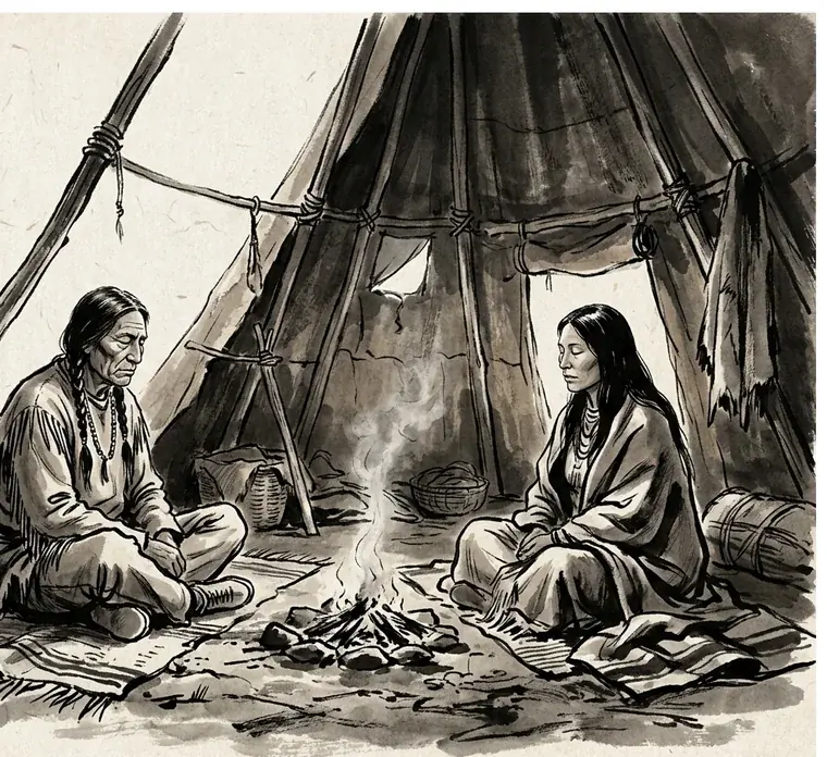 마주 앉아 말없이 서로를 느끼는 두 사람