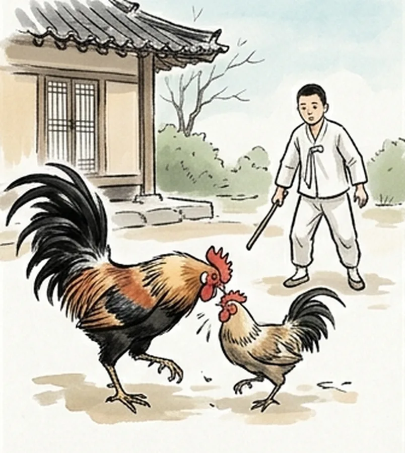 큰 수탉이 작은 수탉의 볏을 쪼고, 소년이 지게막대기를 든 채 내려다본다