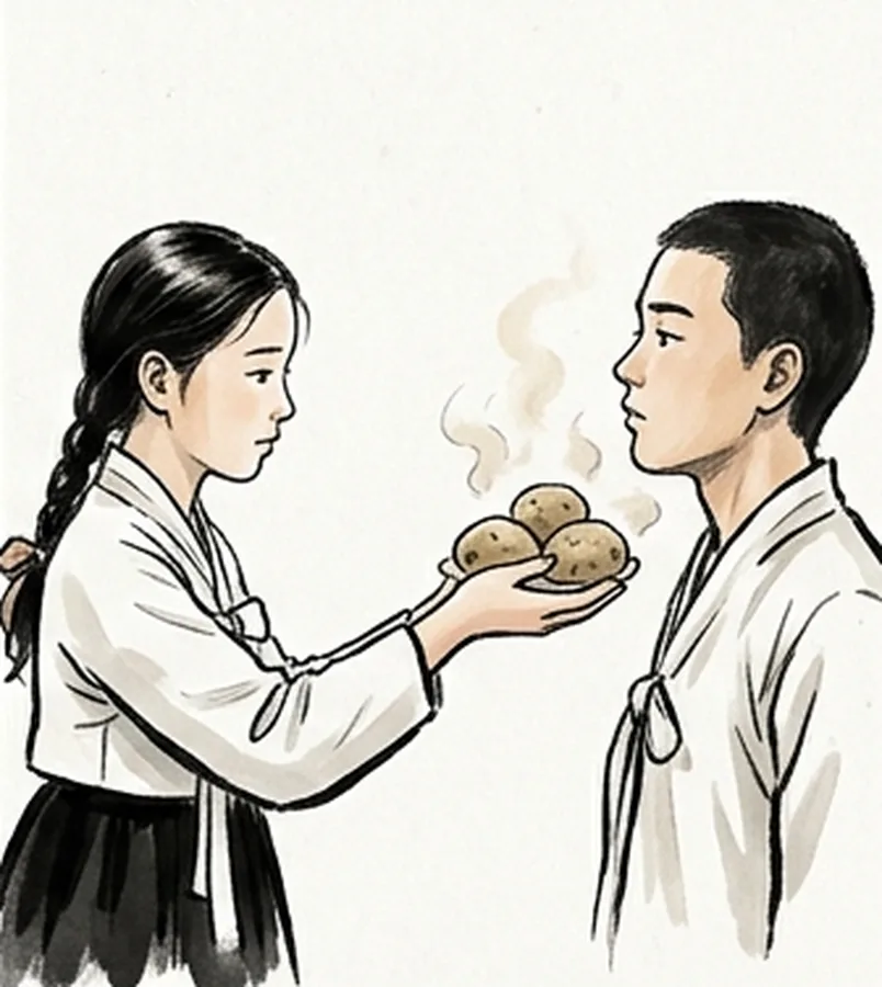 소녀가 김이 오르는 감자 세 개를 소년의 턱 밑으로 내민다