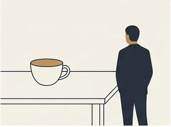 책상 위 컵 하나와 등을 돌린 사람의 실루엣 — 보지 않아도 그대로인 일상