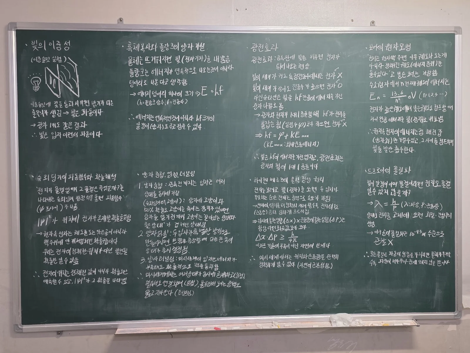정준기 양자물리 발표 판서 전체 사진 — 빛의 이중성, 흑체복사와 플랑크의 양자가설, 광전효과, 보어의 원자모형, 슈뢰딩거의 파동함수와 확률해석, 양자 중첩·얽힘·터널링, 하이젠베르크의 불확정성 원리, 드브로이의 물질파